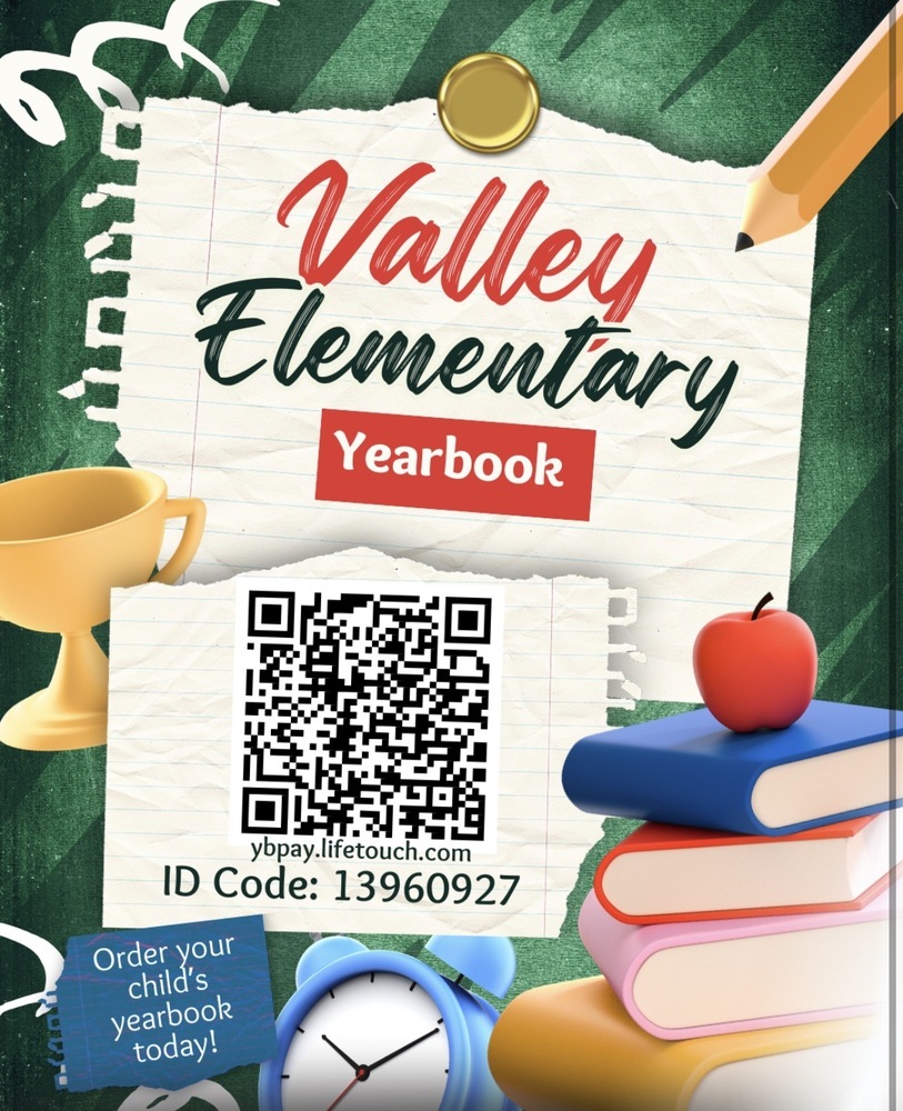 An promotional flyer for the Valley Elementary Yearbook set against a green chalk-style background with spiral notebook edges. Text at the top reads "Valley Elementary Yearbook" attached with a gold pushpin. The center features a large QR code above the website ybpay.lifetouch.com and the text "ID Code: 13960927". Decorative 3D illustrations surround the text, including a yellow pencil, a gold trophy cup, an apple resting on a stack of colorful books, an alarm clock, and a blue sticky note in the bottom-left corner that reads "Order your child's yearbook today!".