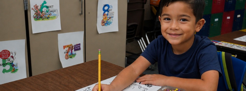 Student writing at a desk smiling at the camera