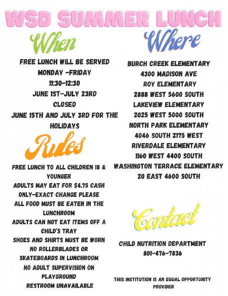 A bright flyer for the WSD Summer Lunch program. The top features the word "Rules" in stylized orange script. It announces free lunch for children 18 and younger, served Monday through Friday, 11:30 AM to 12:30 PM, from June 1st to July 23rd. The flyer lists six elementary school locations and outlines mealtime rules, including a $4.75 cost for adults (cash only) and the requirement that all food be eaten in the lunchroom.  