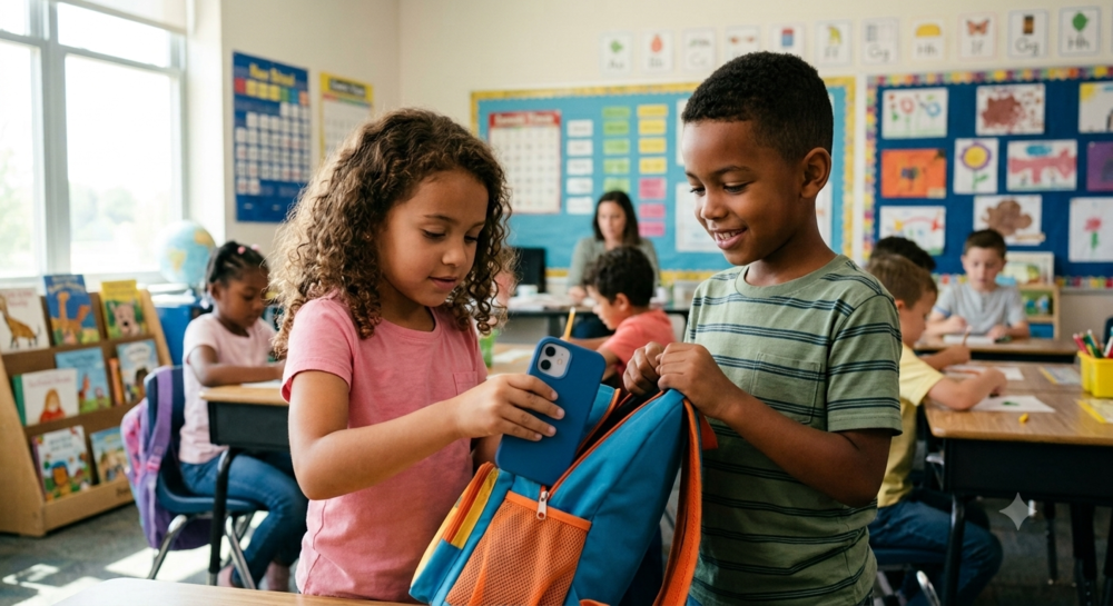 child putting cellphone into a backpack