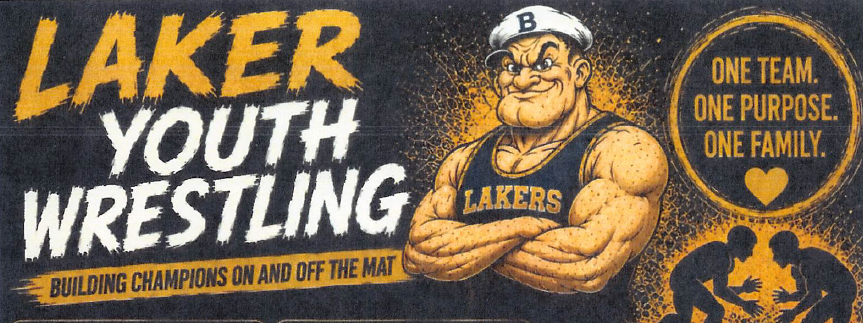 Lakers Youth wrestling yellow text with a man crossing his arms