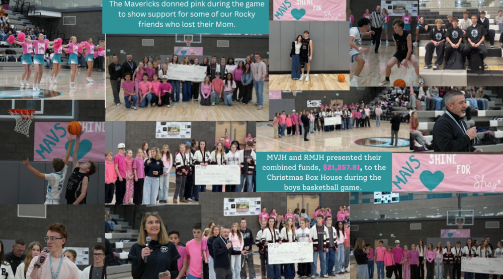 The Mavericks donned pink during the RMJH Basketball game to show support to our Rocky friends who lost  their mom. MVJH and RMJH presented their combined funds to $21257.81 to the Christmas Box House during the game. 