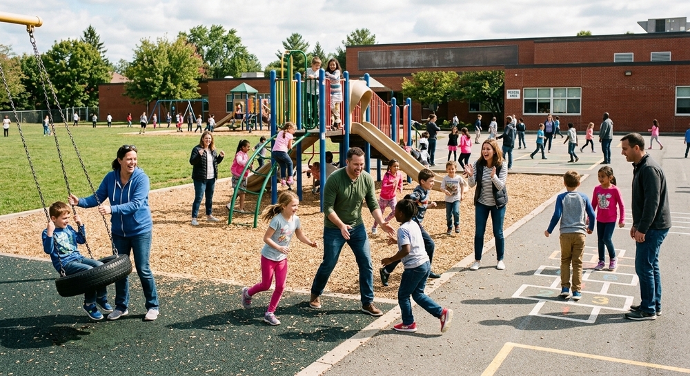 A sunny outdoor photograph taken from above a busy elementary school playground. In the foreground, dozens of children, teachers, and parents run, talk, and interact in groups. An adult pushes a small boy on a tire swing to the far left. Next to them, a girl with brown hair in pink pants and a grey shirt runs towards a woman clapping. To their left, a man wearing a brown jacket walks over to a young girl in a pink shirt on the far right. In the center, a large, intricate, metal-framed climbing frame with multi-colored red and yellow plastic slides and steps is filled with other children. Groups of other people of all ages interact and move around the asphalt area, with a hopscotch court painted on it and the tire swing set to the far left. The background is composed of large grassy fields, deciduous trees, and a low, red brick school building.