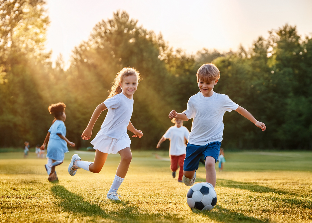Happy children playing soccer in a sun lit field.