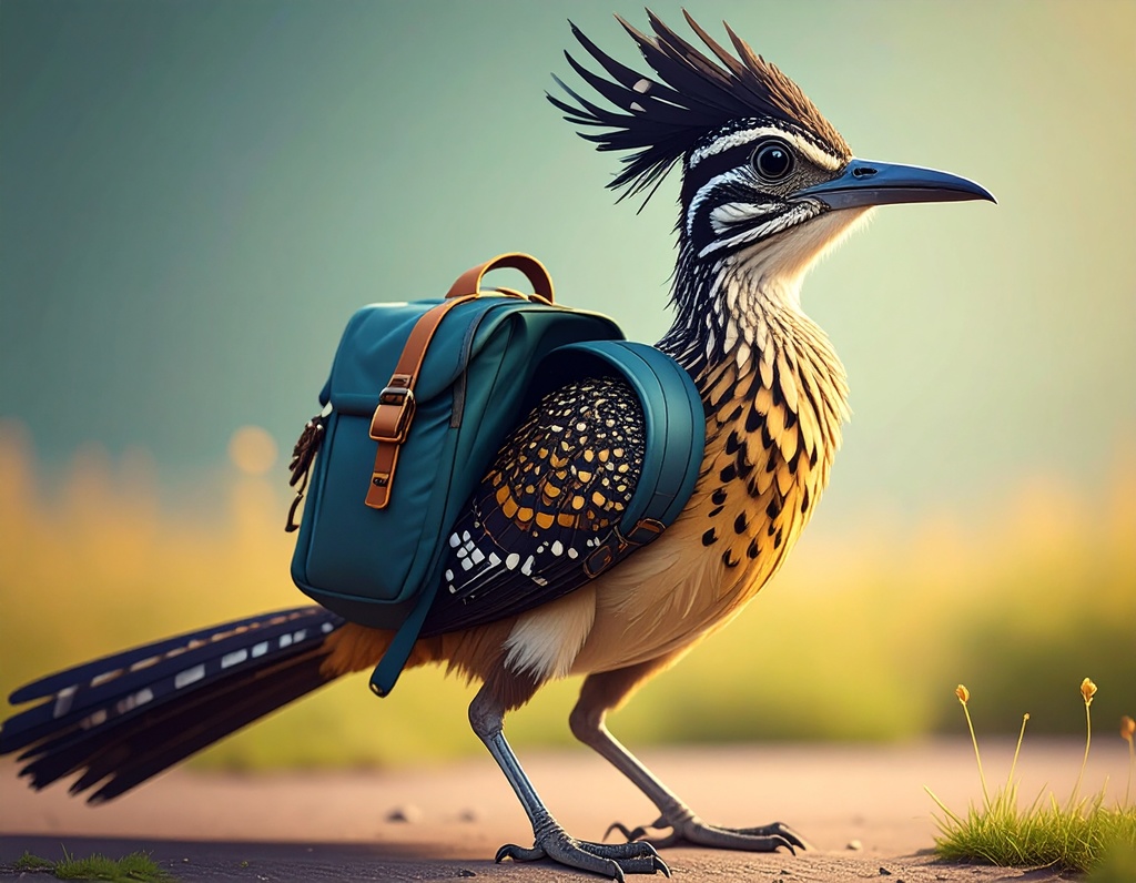 Roadrunner wearing a backpack