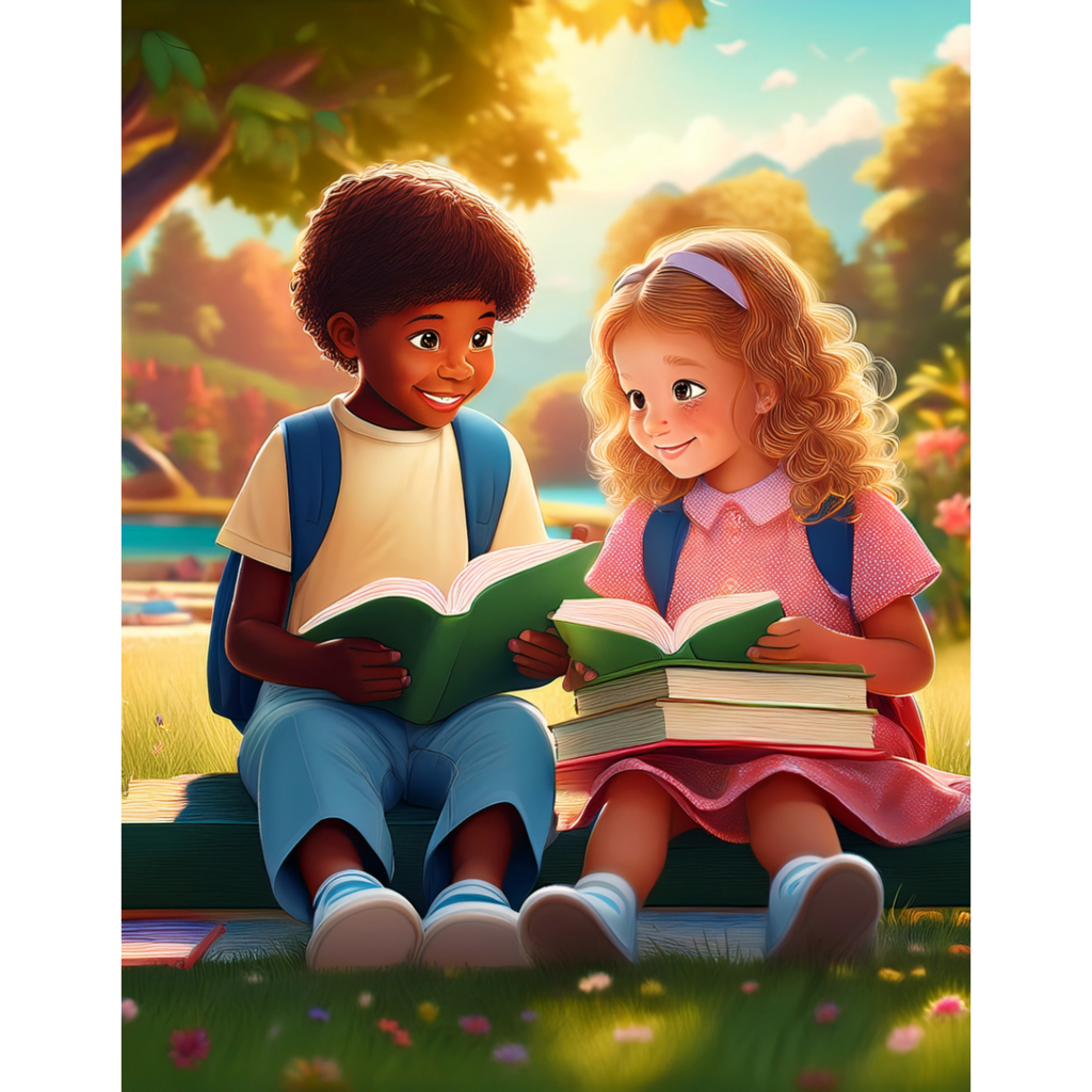 Two children sitting on the grass reading books