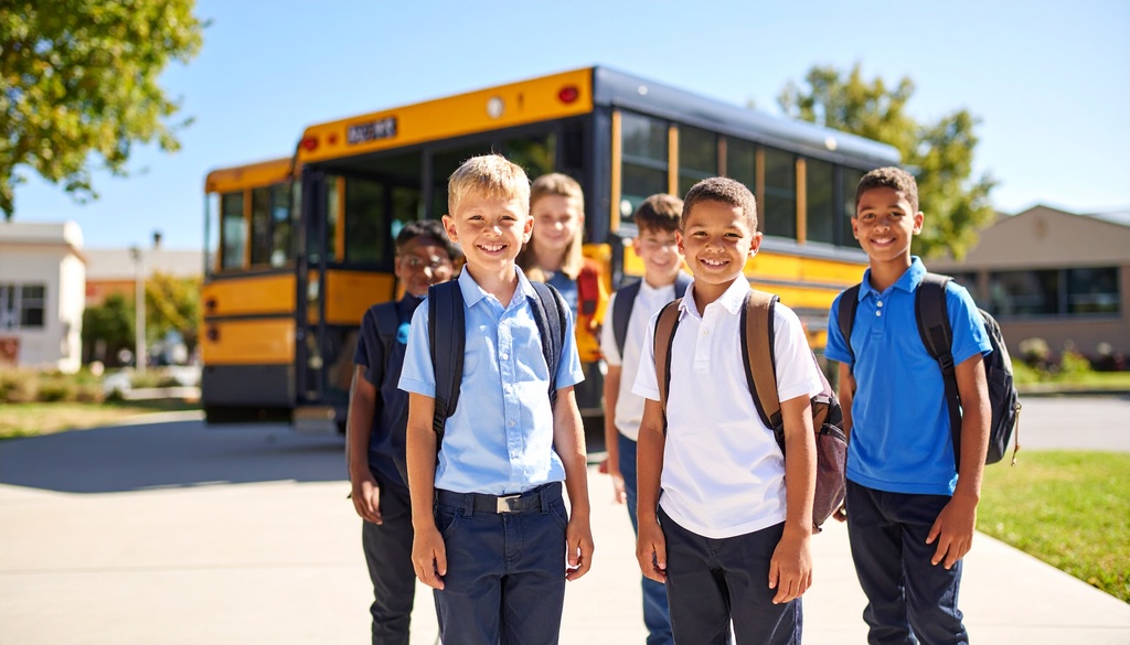 Students standing in front of school bus.