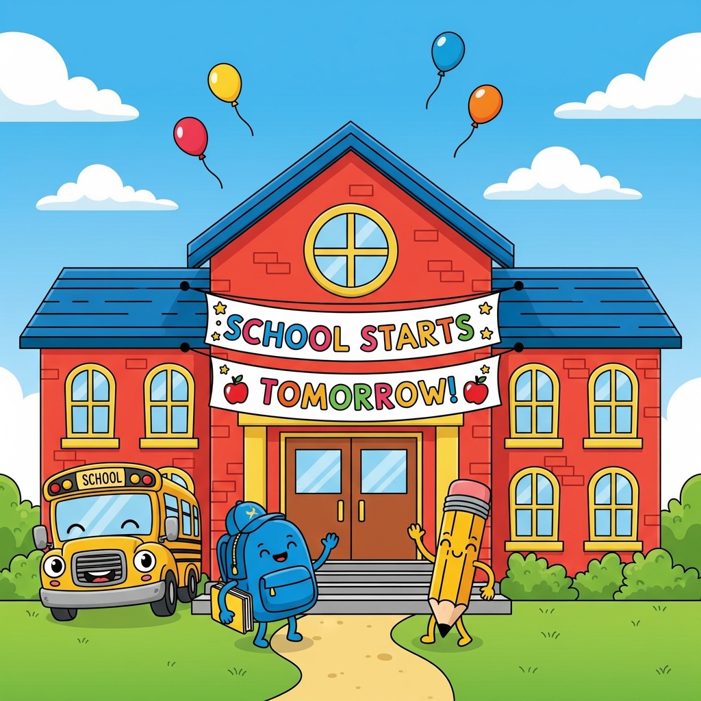 A friendly, colorful cartoon illustration of an elementary school building. A "SCHOOL STARTS TOMORROW!" banner hangs across the front entrance. A yellow school bus with a smiling face is on the left, and anthropomorphic school supplies—a blue backpack and a yellow pencil—are waving excitedly on the path leading to the school. Balloons float in the bright blue sky above.