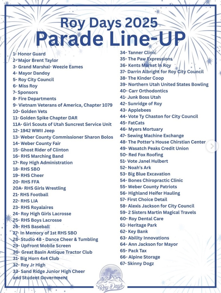 Parade Lineup for Roy Days tomorrow August 2nd
