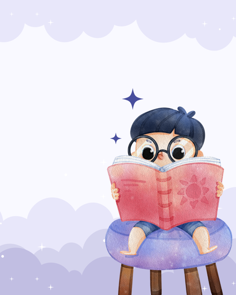 child with glasses reading a book