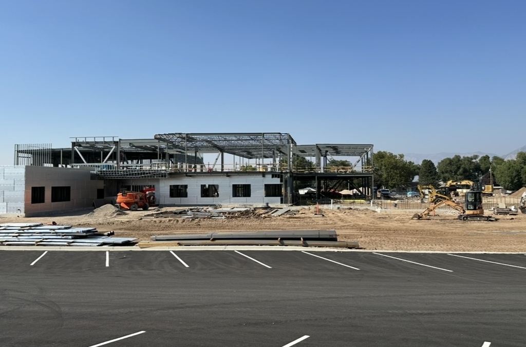 the process of the roosevelt rebuild- there is brick on the building now- they are starting to work on the second level
