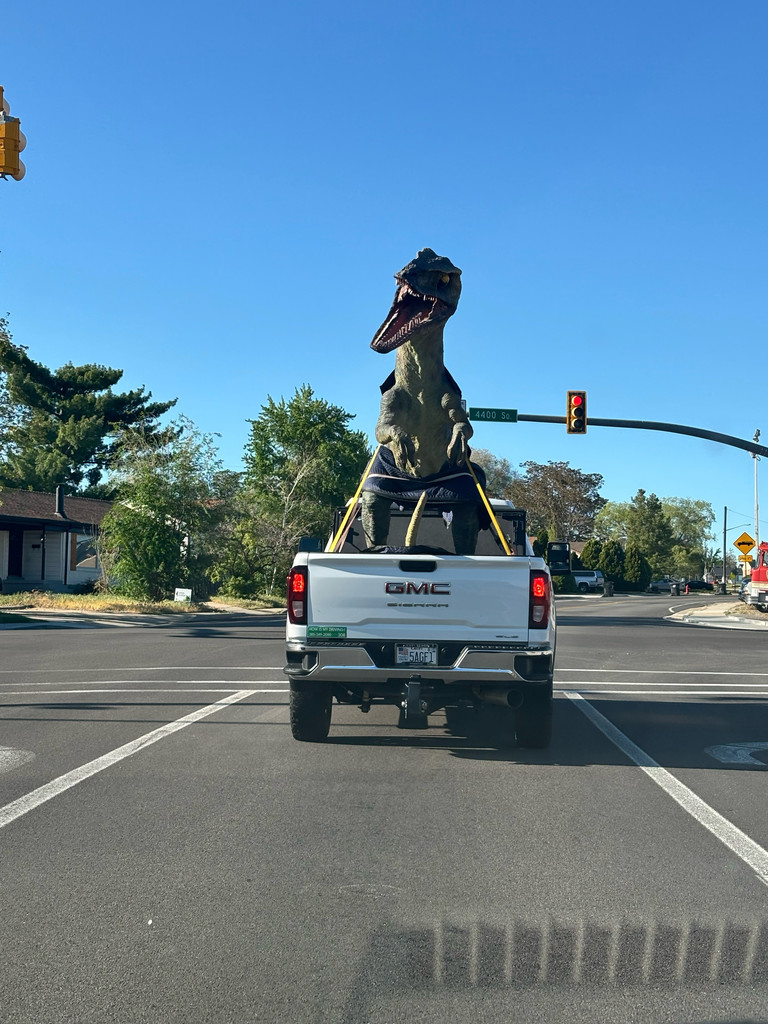 Franklin, the roosevelt mascot, a raptor, in the back of the truck being transported back to roosevelt elemenary