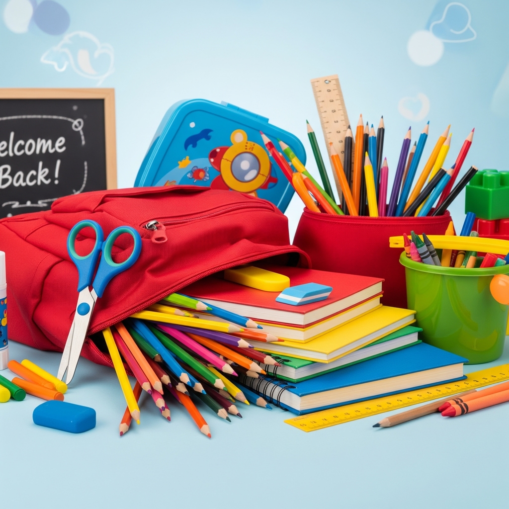 Decorative picture of school supplies spilling out of a backpack. 