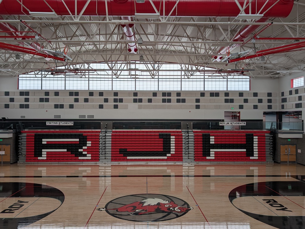 Photo of Roy Jr High school Gym with Razorback logo