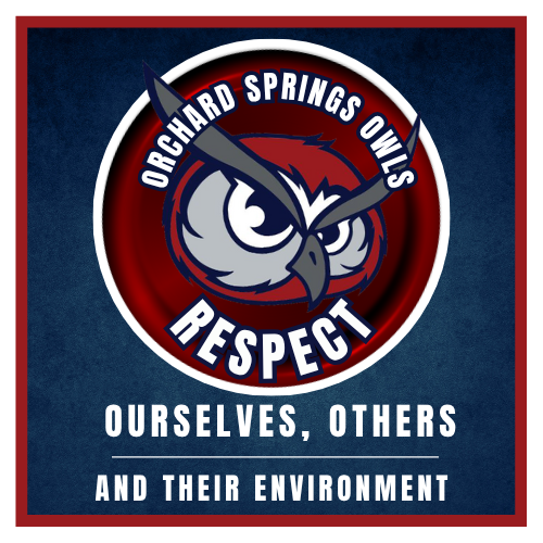 Orchard Spring Logo of the school rule. Orchard Springs Owls respect ourselves, others and their environment. Red and blue theme with owl head.