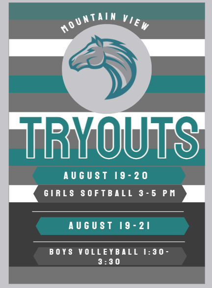 Softball Tryouts Aug 19-20 3:00-5:00pm & Boys Volleyball tryout Aug 19-21 1:30-3:30PM