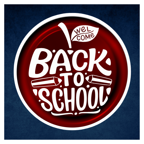 Welcom Back to School sign with apple imaging. Red and blue theme.