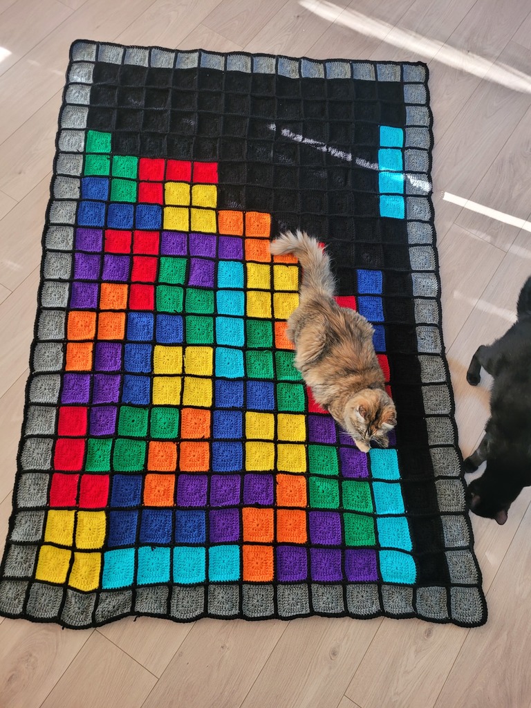 Mrs. Stone crochet blanket and cat