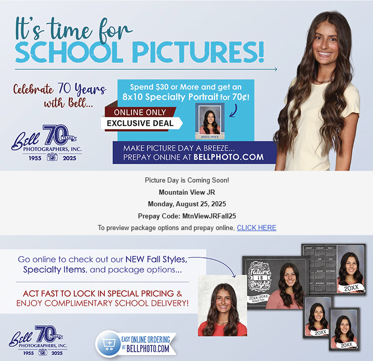 MVJH Picture Day Monday August 25. Order online https://www.bellphoto.com/beginorder or there are order forms in the office .