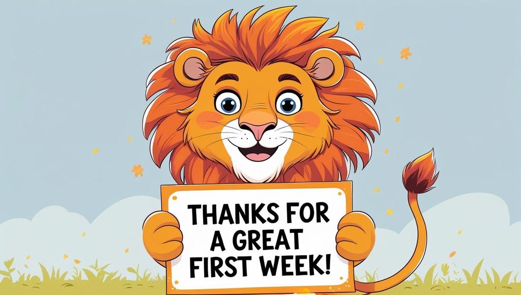cartoon lion holding a sign that reads thanks for a great first week