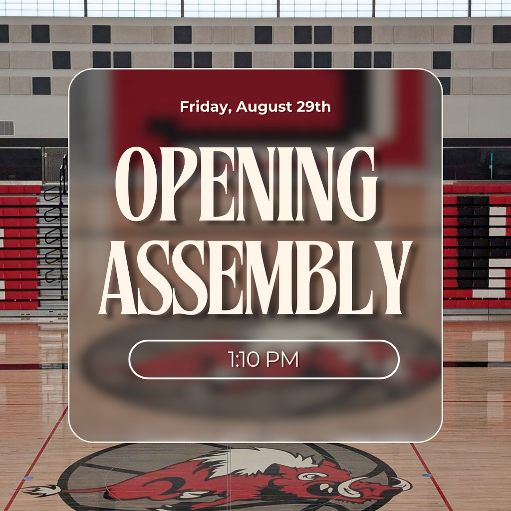 Photograph of the Roy Jr High gym razorback logo on the floor. With details about the opening assembly, Friday, August 29th at 1:10 pm