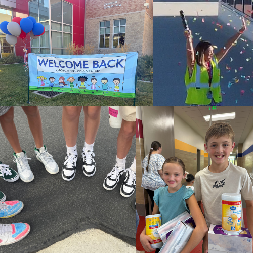 Welcome back to school sign with pictures of new shoes in a circle, The principal; cheering, and students holding new school supplies.