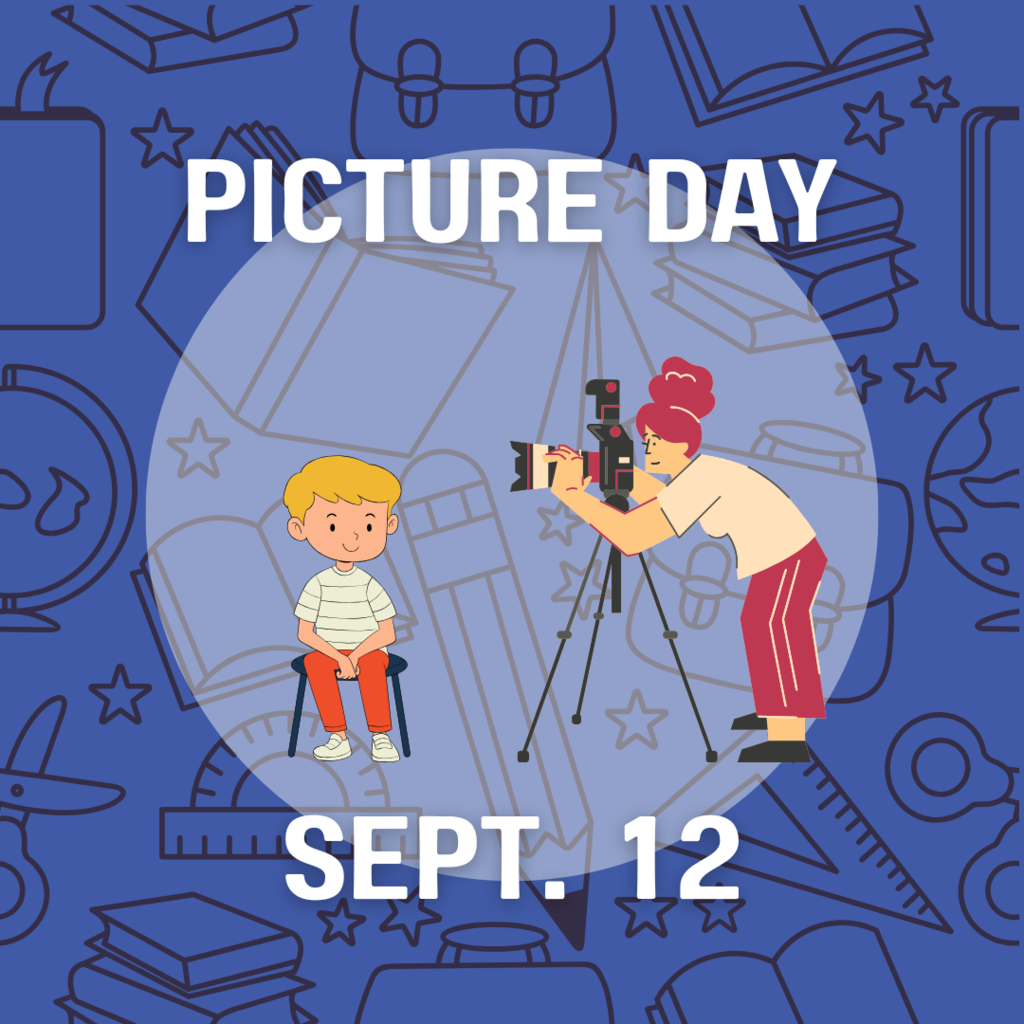 decorative photo with photographer taking photo of person. Words saying picture day sept. 12