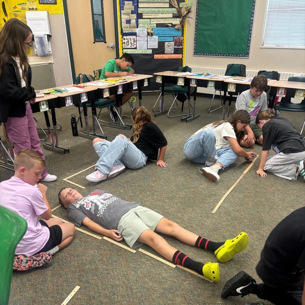 students measuring each other's height in a classroom