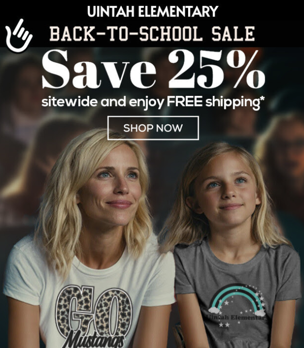 Mother and Daughter wearing Uintah Shirts.  Advertising the 25% off Spiritwear sale. 