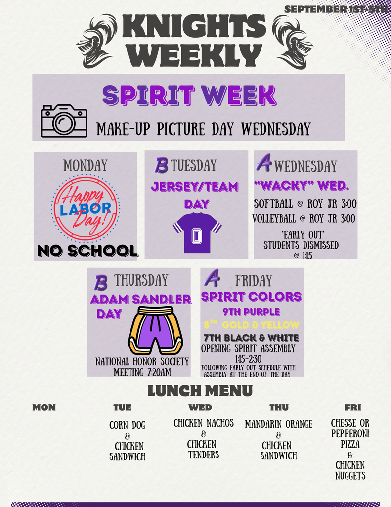 Weekly lunch menu and upcoming events flyer 