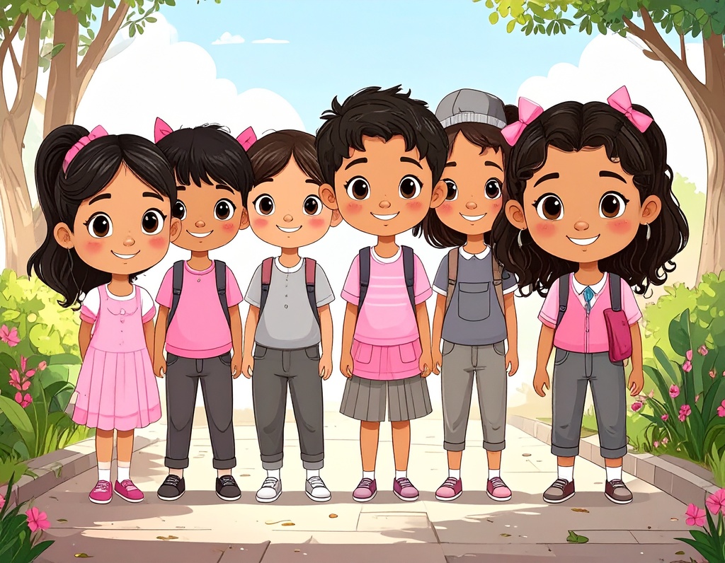 Kids wearing pink and gray clothing