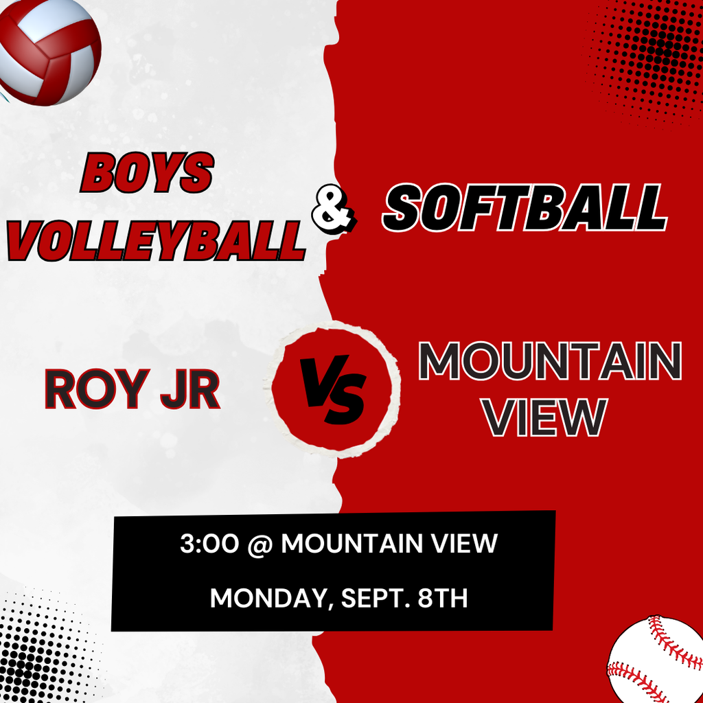 Red and White graphic image for softball and boys volleyball game against Mountain view at 3pm