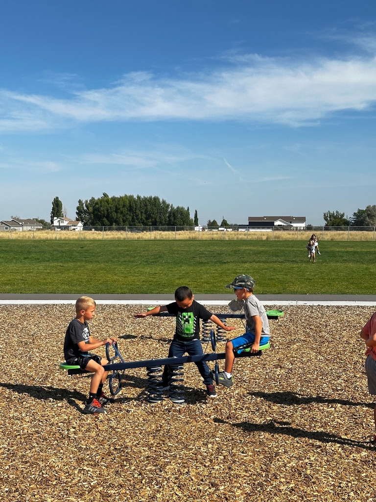 Three boys are balancing and playing on a spring-mounted seesaw structure. One stands in the middle while the others are seated on each end. The playground area is covered in wood chips with a large grassy field behind them.