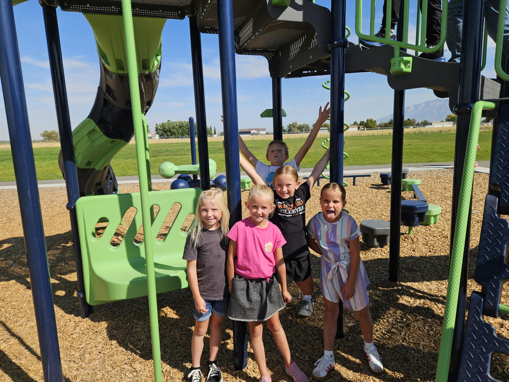 Five young students stand under a tall, green-and-navy playground structure, smiling and making silly faces for the camera. Behind them is a grassy field and a beautiful blue sky.