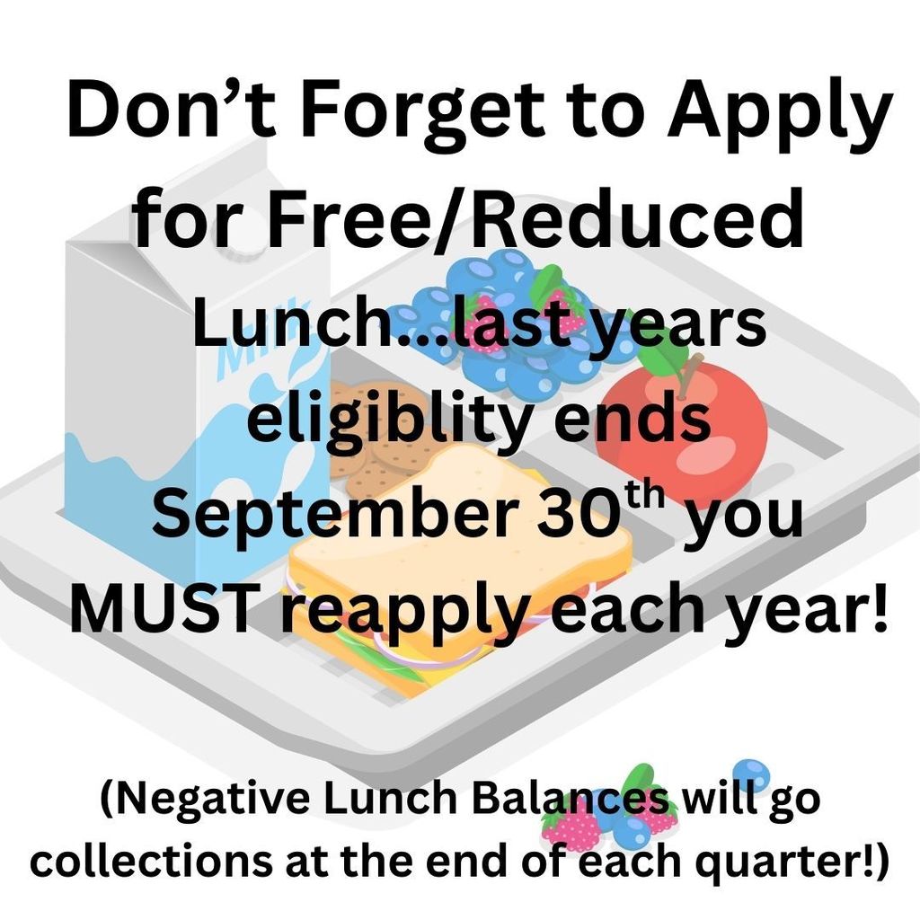 🍎🥪 Don’t forget! If your student received Free/Reduced Lunch last year, you’ll need to reapply for this school year. ✅ Last year’s eligibility ends September 30th ✅ Applications must be submitted each year ⚠️ Please note: Negative lunch balances will be sent to collections at the end of each quarter.  📅 Apply today so your student doesn’t miss out!