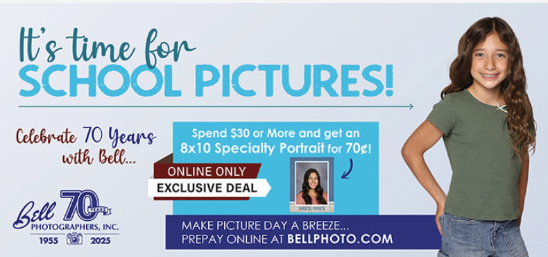 It's time for school pictures.  Order online at bellphoto.com