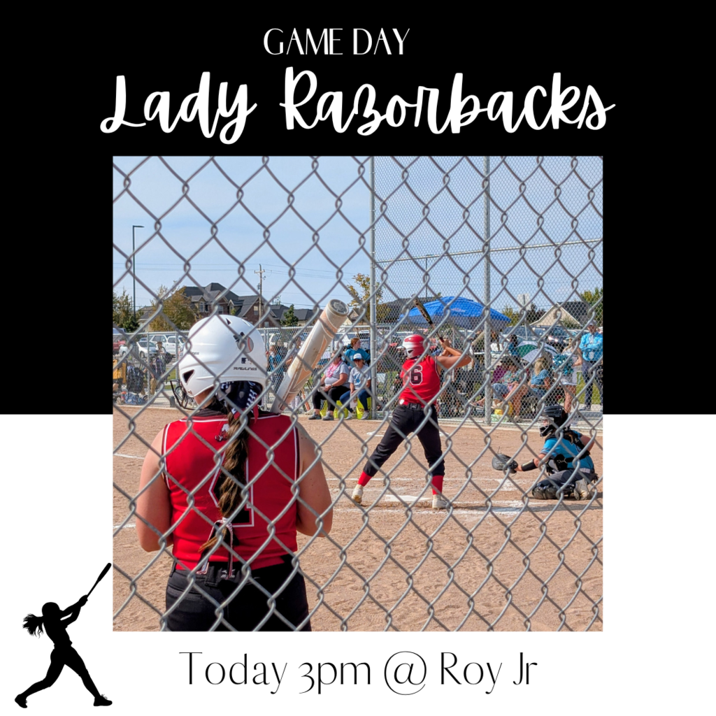 Photo with text Game day for Lady Razorbacks today at 3pm at roy jr, photo of softball player at bat in a game. 