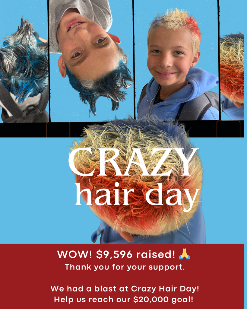 WOW! $9,596 raised! 🙏 Thank you for your support. We had a blast at Crazy Hair Day! Help us reach our $20,000 goal!  Studens wilth died spikey hair . 