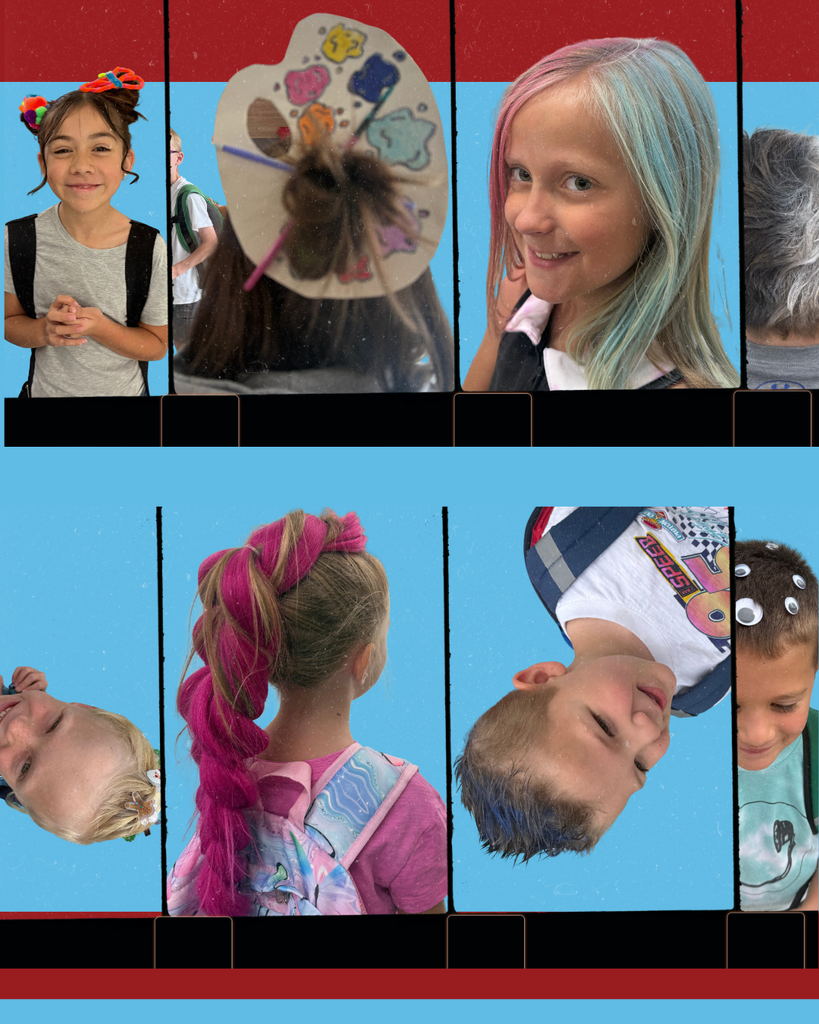 Students showcasing crazy hair day. Big pink braids, art, googly eyes and more. 