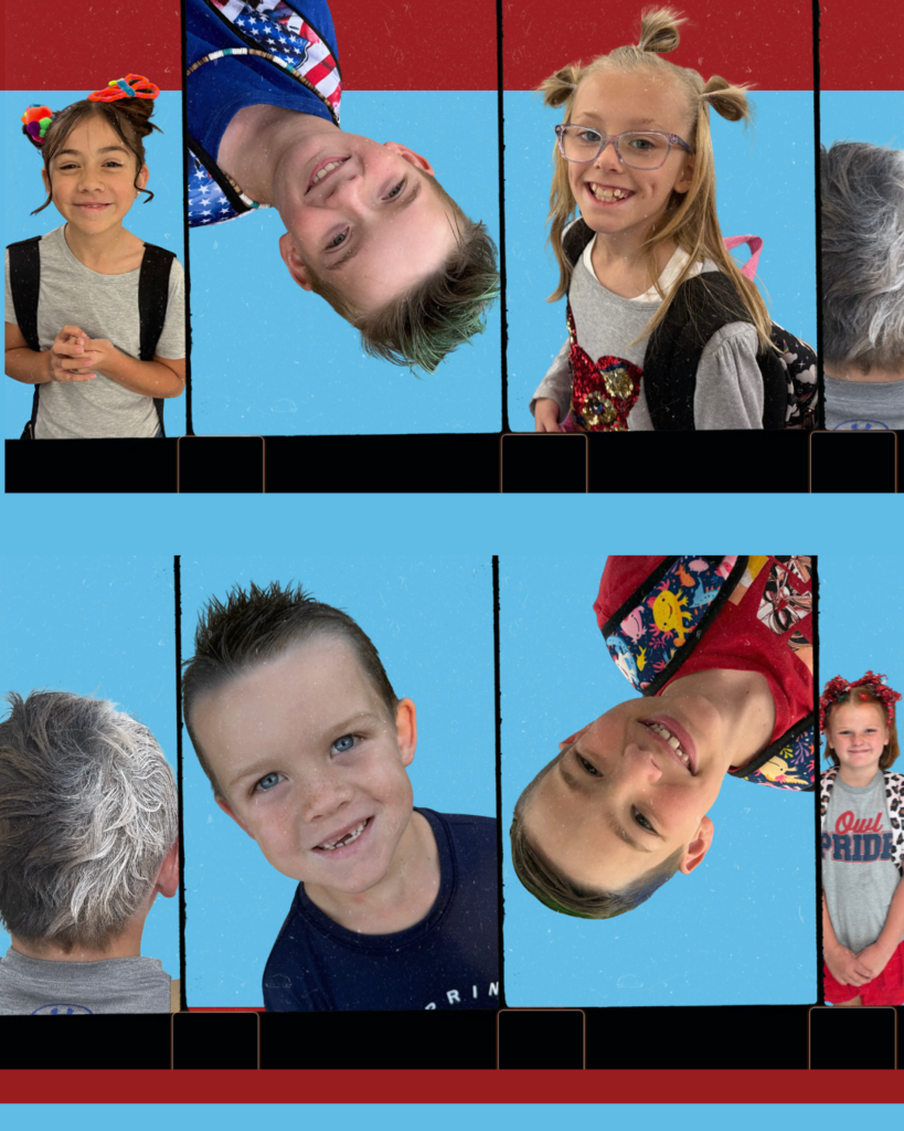 Students showcasing crazy haird day! Girls with twisted buns and school supplies as accessories. Boys with silver, black and blue spiked hair. 