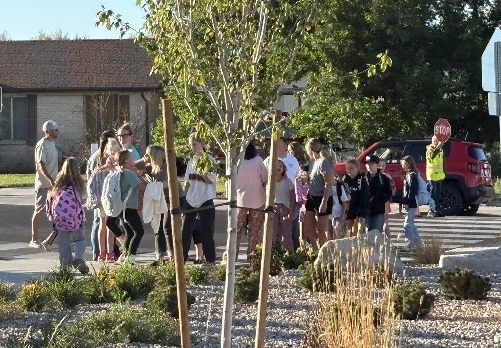 A group of children and adults, some carrying backpacks, gather near a school crossing. A crossing guard holds a stop sign beside a red SUV. The scene is sunny with greenery and a house in the background.