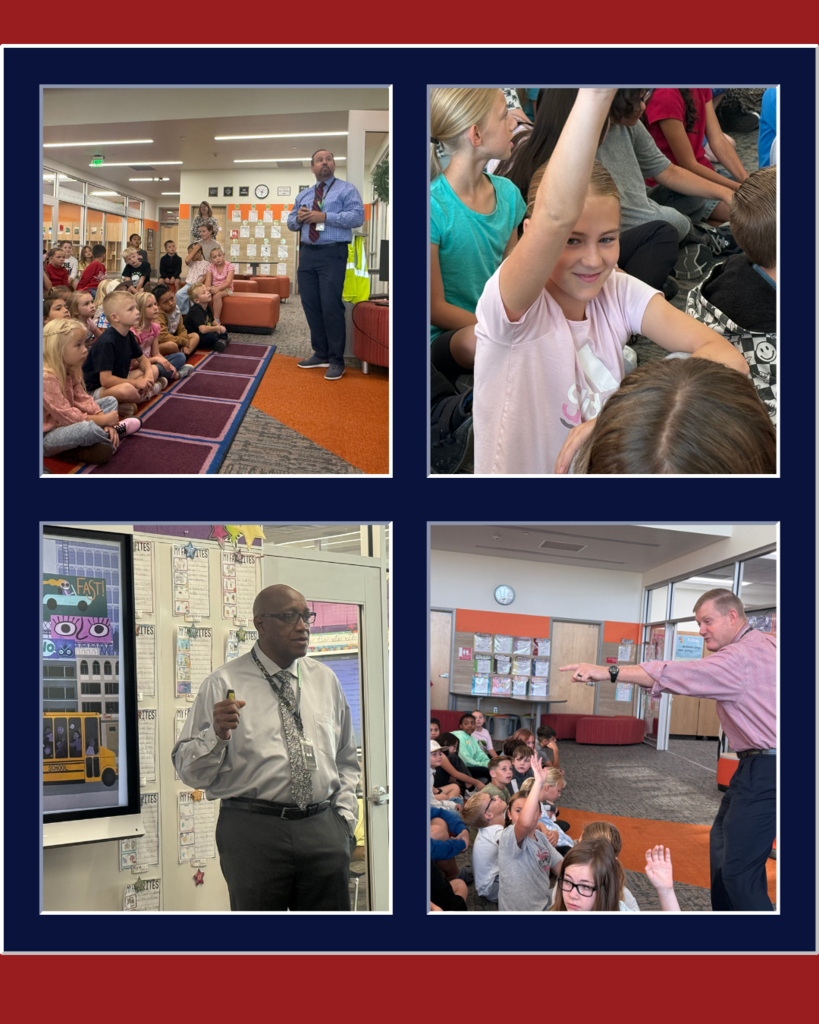 District leaders reading to students at OSE! Group of four pictures with red and blue formatting. 
