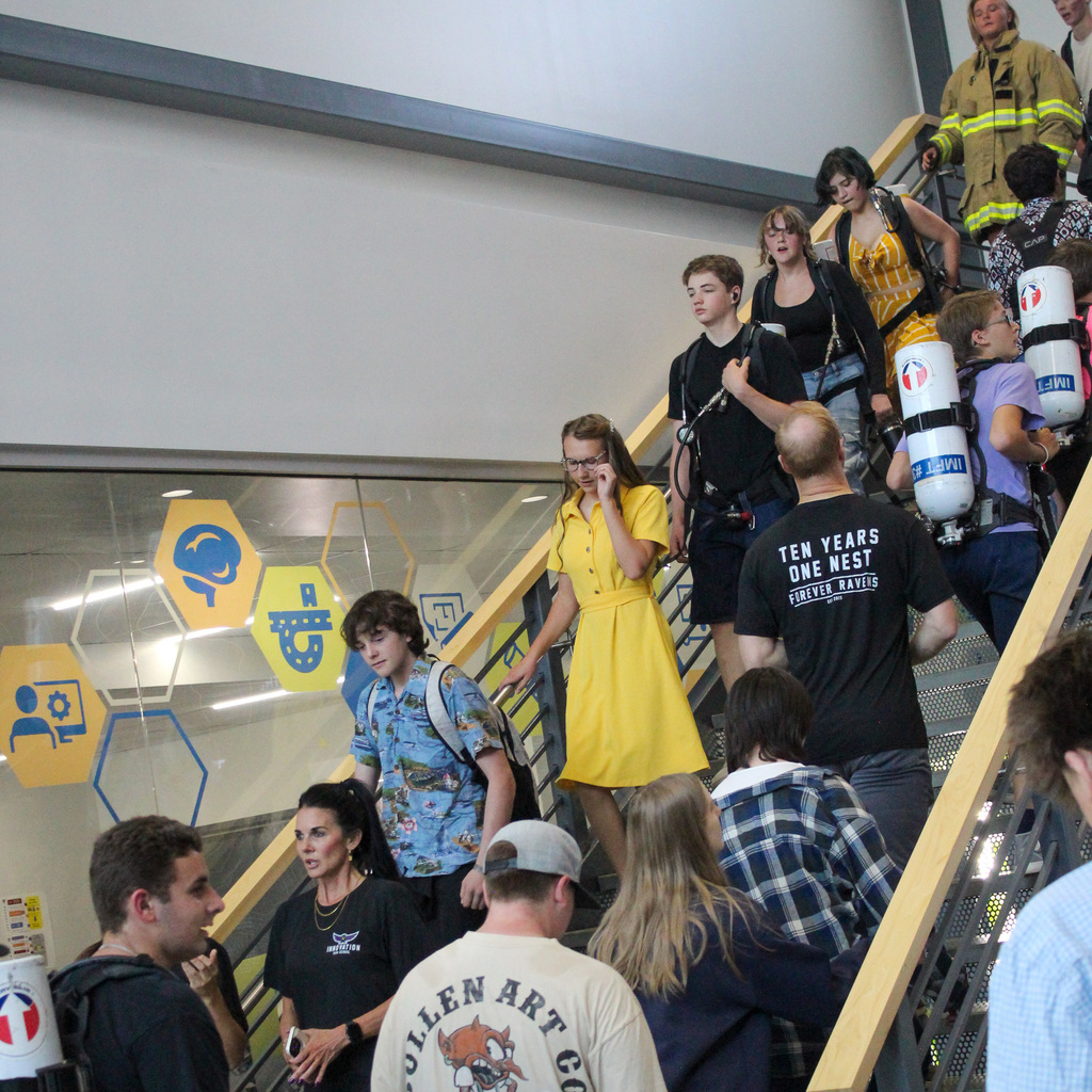 students walking stairs in remembrance of 911
