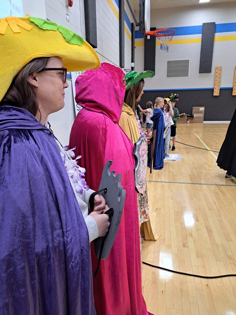 Three adults in colorful capes and hats, including a taco hat, standing in a line in a school gym, with other students in costumes further down the line.