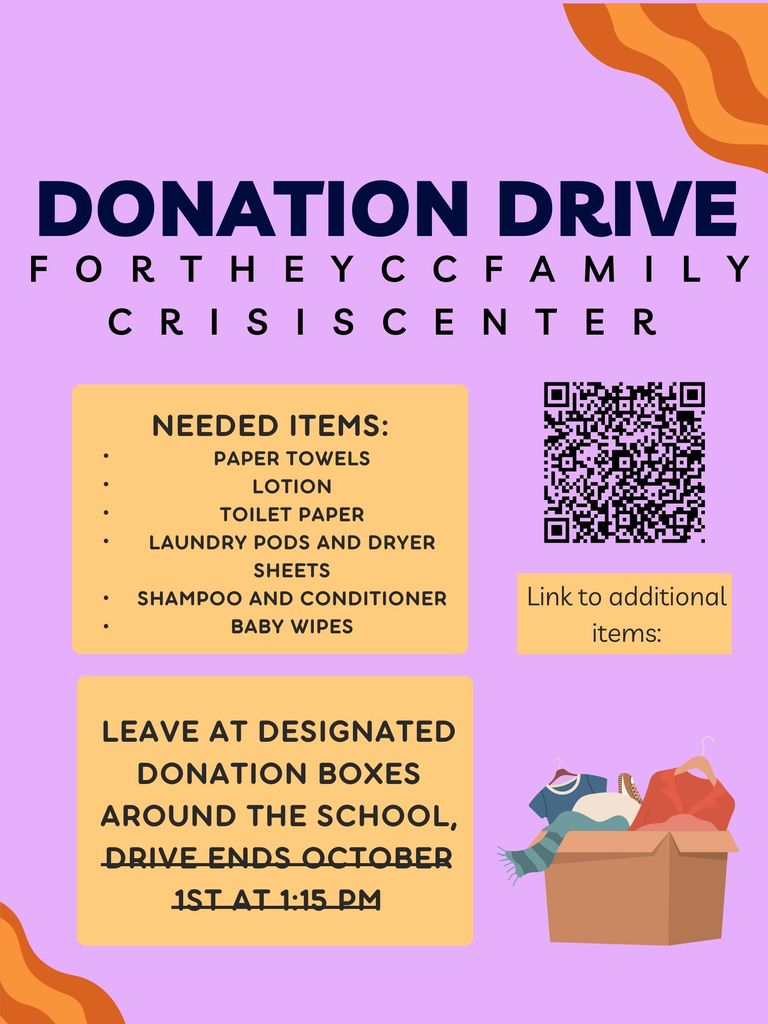 Donation Drive for the YCC Family Crisis Center.  Needed items are: Paper Towels, Lotion, Toilet Paper, Dryer Sheets, Laundry Pods, Shampoo and Conditioner, Baby Wipes