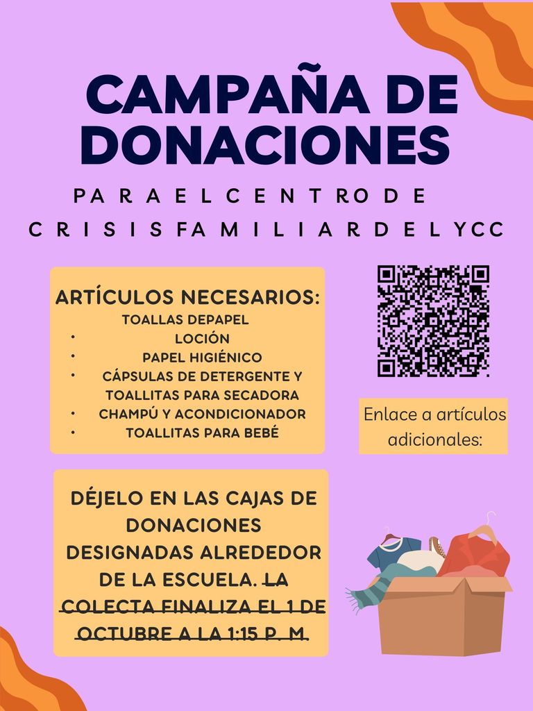Donation Drive for the YCC Family Crisis Center.  Needed items are: Paper Towels, Lotion, Toilet Paper, Dryer Sheets, Laundry Pods, Shampoo and Conditioner, Baby Wipes