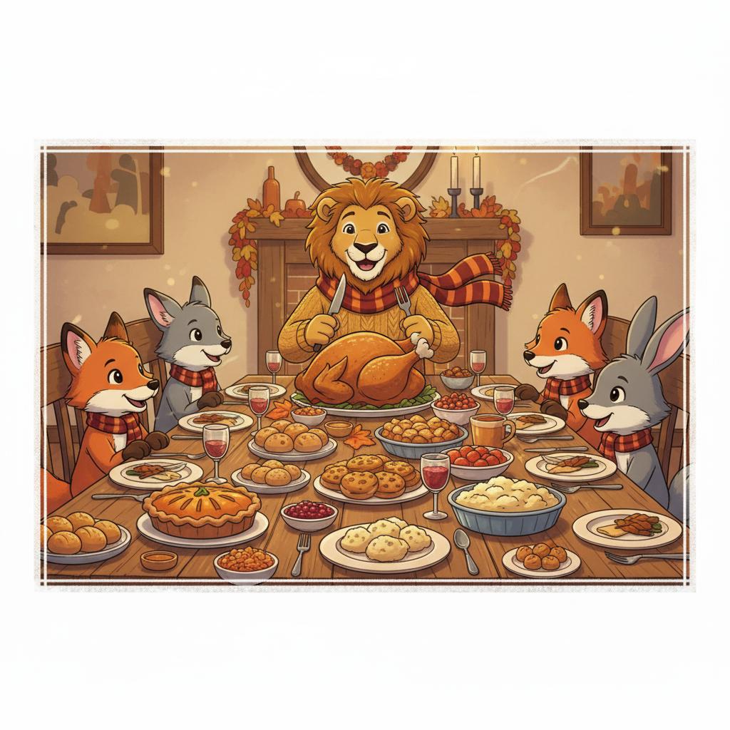 A festive, wide-format illustration of a lion seated at the head of a Thanksgiving dinner table, carving a turkey. He is wearing a cozy scarf and is surrounded by a happy mix of fox and rabbit guests who are also wearing scarves. The table is laden with traditional Thanksgiving dishes like mashed potatoes, pies, and dinner rolls. The room is decorated for autumn with a fireplace and fall leaves.