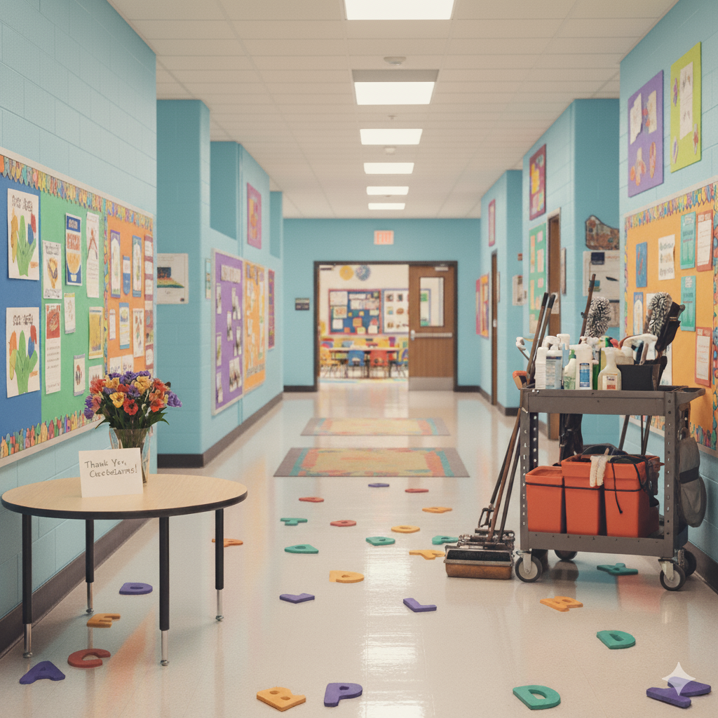 A brightly lit and very clean elementary school hallway, decorated with colorful student artwork and bulletin boards. A small round table with a vase of flowers and a 'Thank You, Custodians!' sign sits on the left. A cleaning cart filled with supplies is on the right, and colorful foam alphabet letters are scattered on the polished floor.