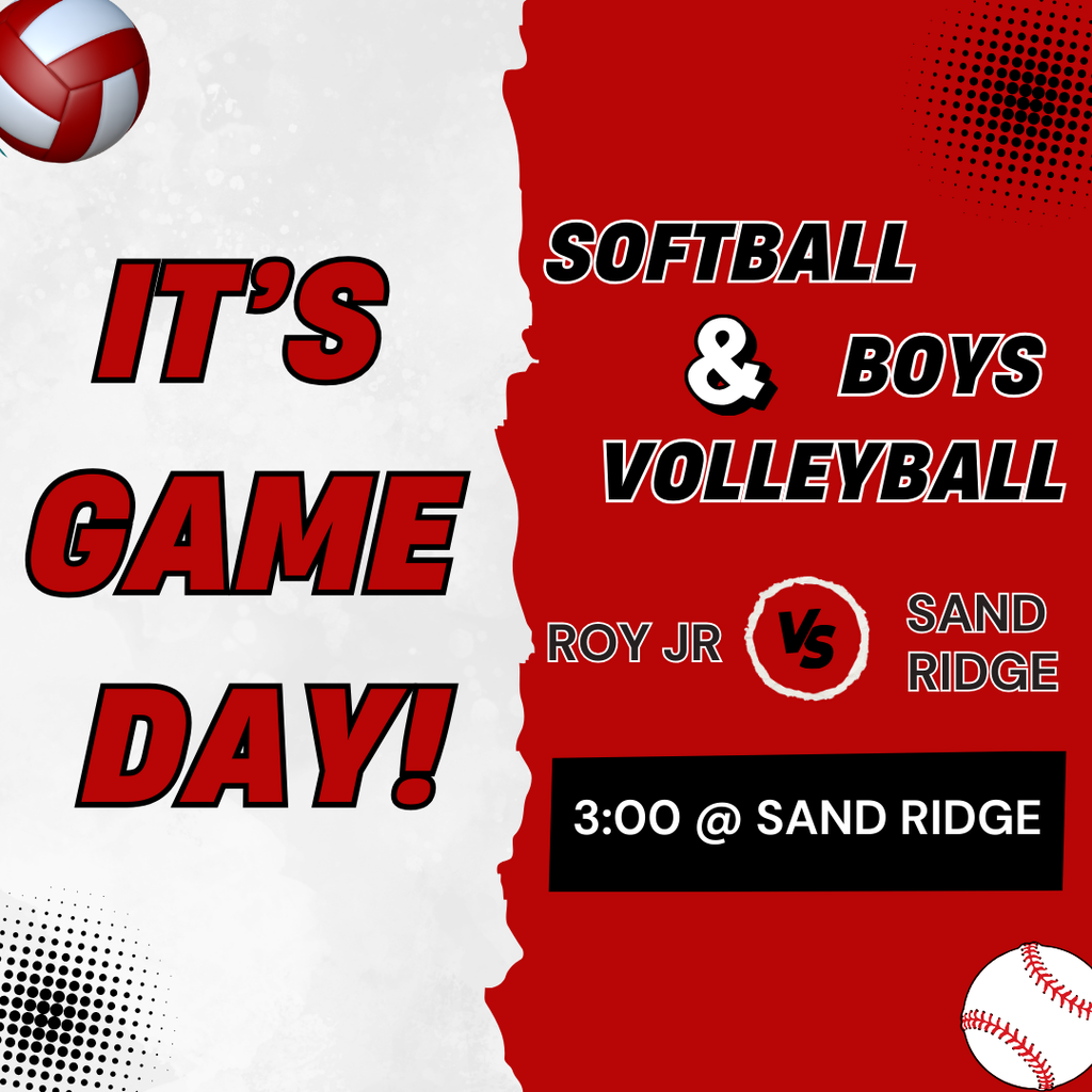 Red and White graphic image for softball and boys volleyball game at Sandridge at 3pm