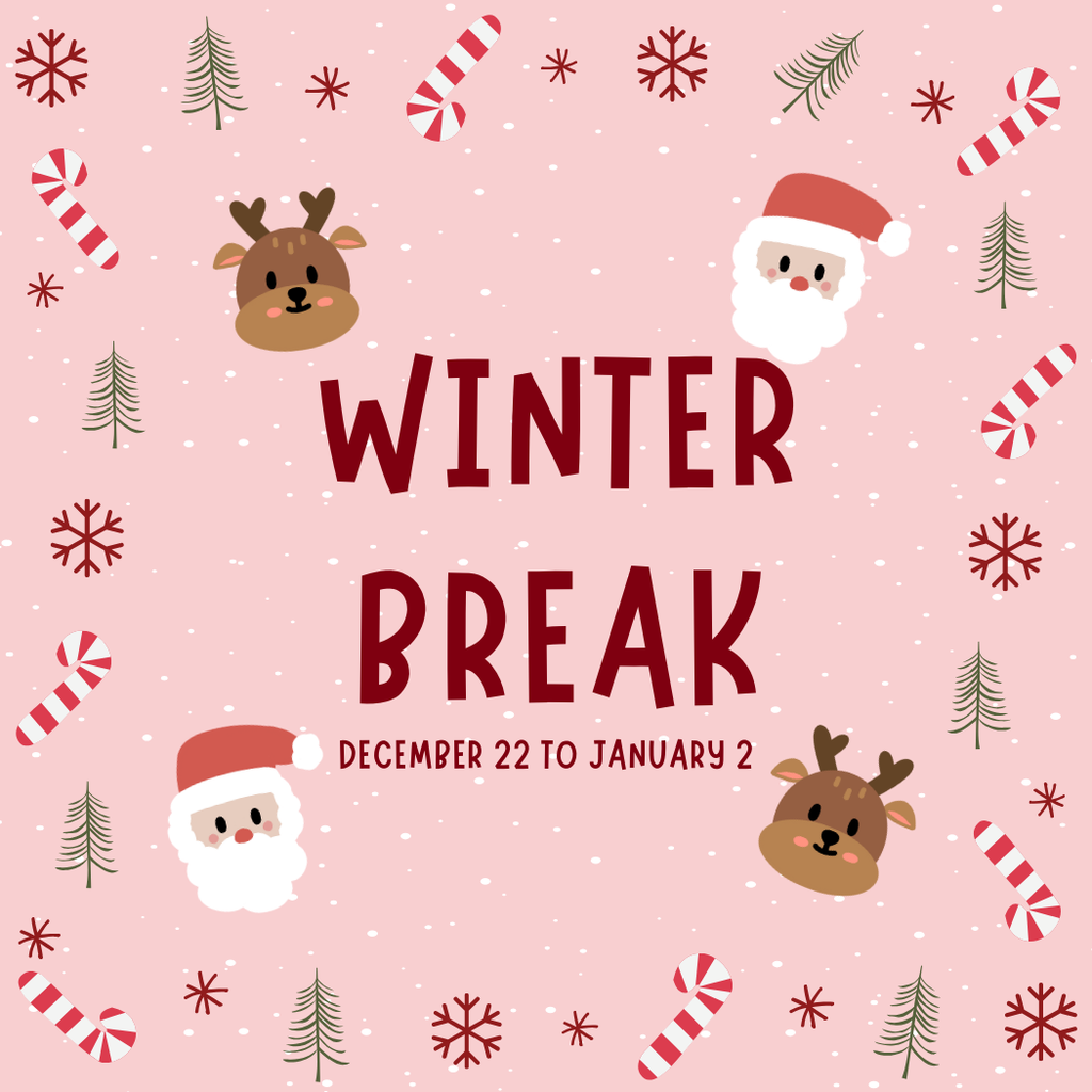 A festive, light pink holiday graphic with falling snowflakes. Illustrated cartoon characters of Santa Claus and reindeer heads, along with small fir trees, snowflakes, and candy canes, are scattered around the border. The center text in a dark red font says "WINTER BREAK" with "DECEMBER 22 TO JANUARY 2" in smaller letters below it.